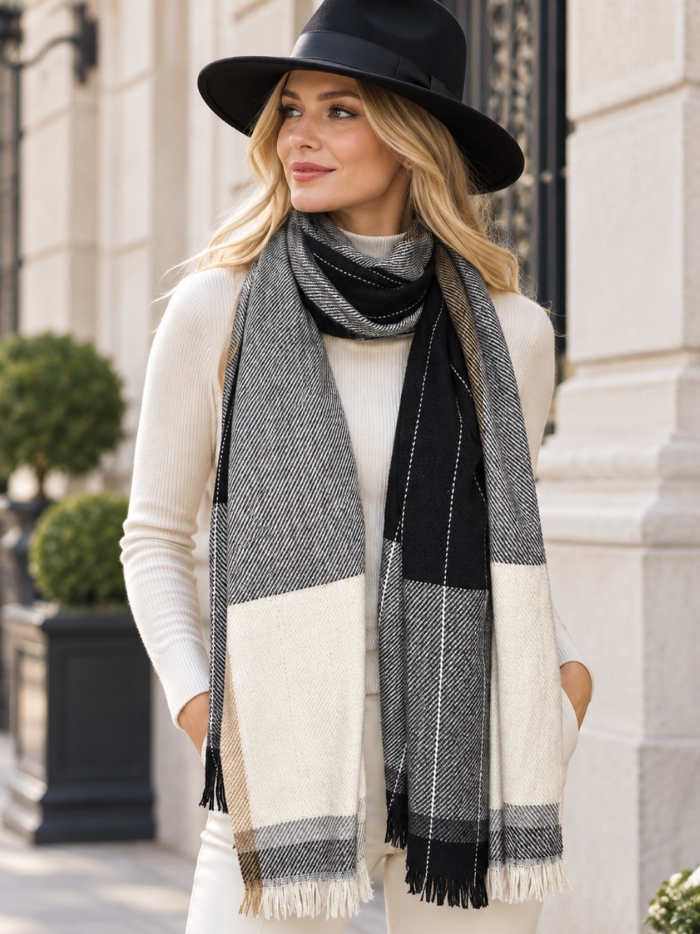 Beautiful Classic Ivory, black, Taupe and Grey Wrap Scarf with fringe❤️72x24